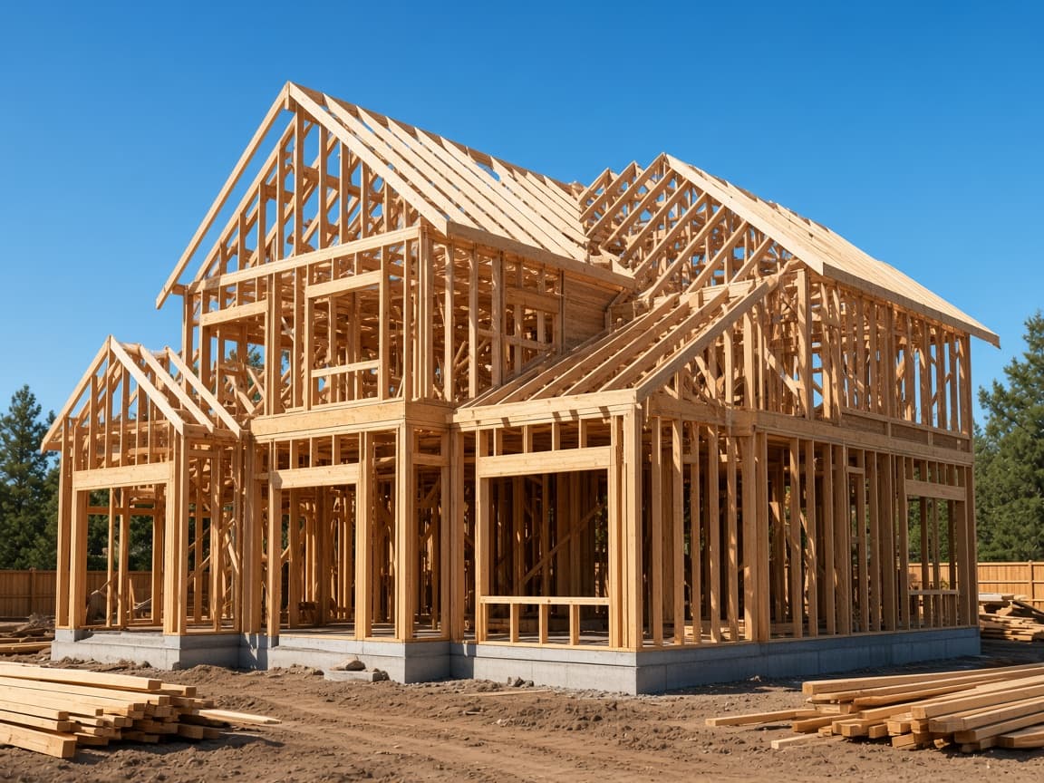 Wooden residential framing on a construction site