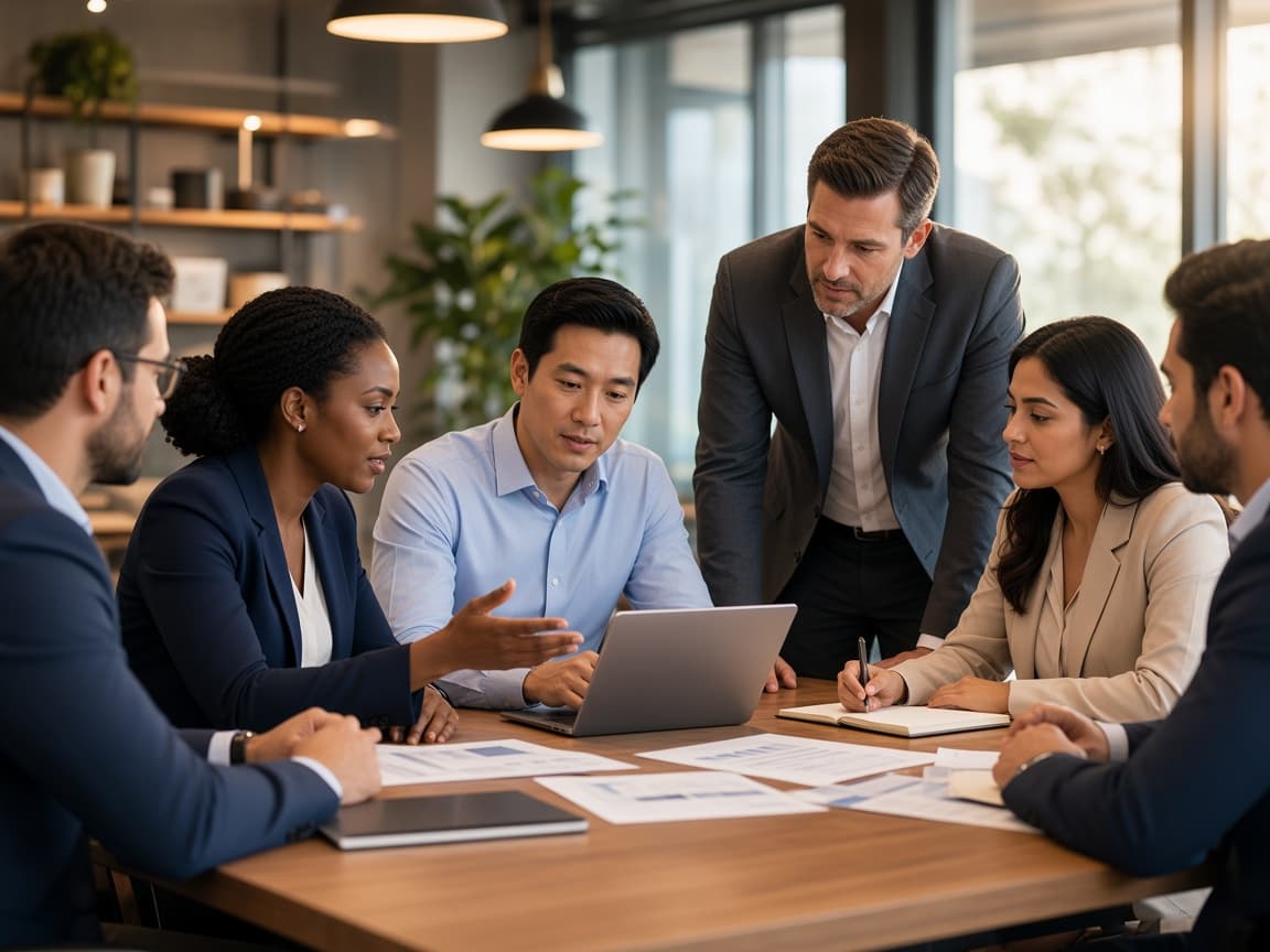 Professionals collaborating around a conference table