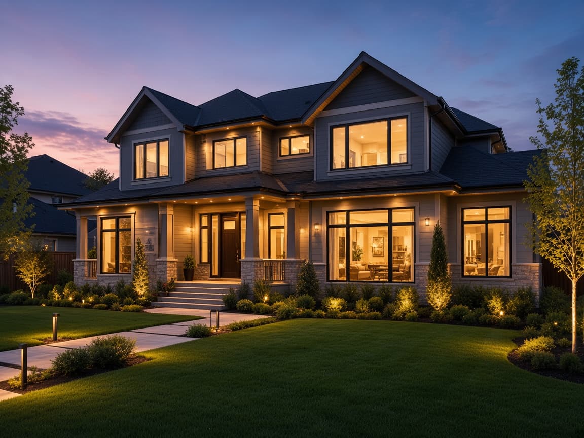Modern home at dusk with interior lights on